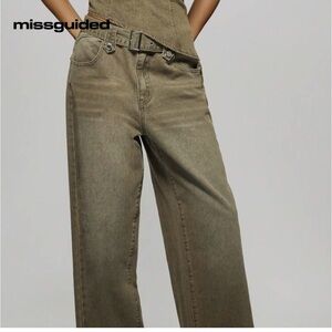 💕MISSGUIDED HIGH RISE BELTED WIDE LEG FACTORY DISTRESSED JEAN*CLASSIC BROWN-29💕